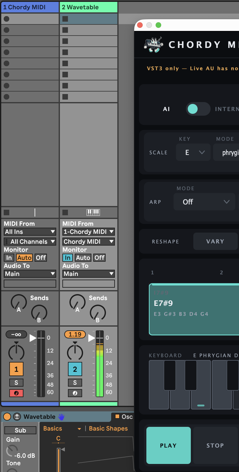 Wavetable receiving from the Chordy MIDI track with Monitor set to In