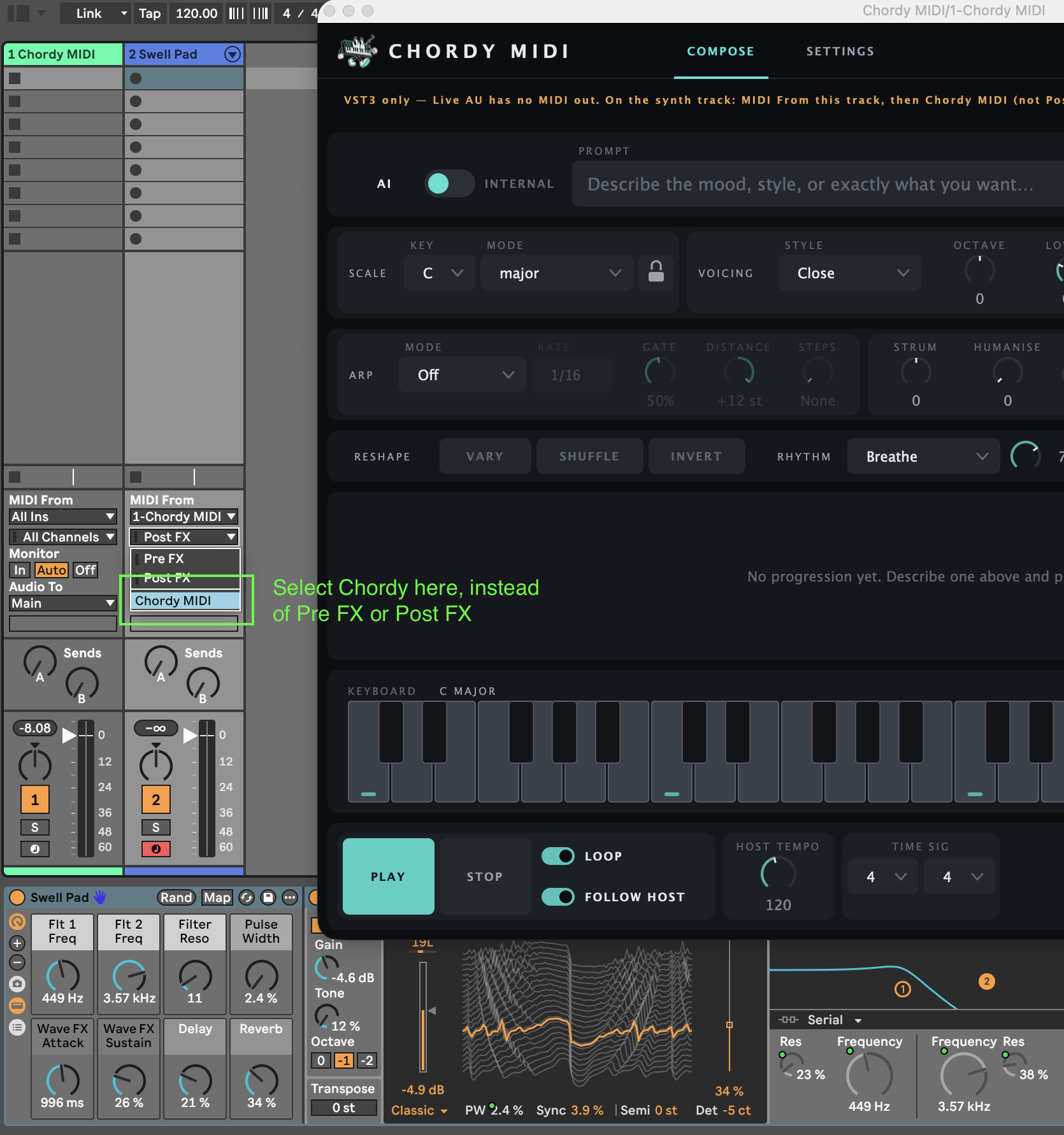 Ableton’s MIDI From menu with Chordy MIDI selected instead of Pre FX or Post FX