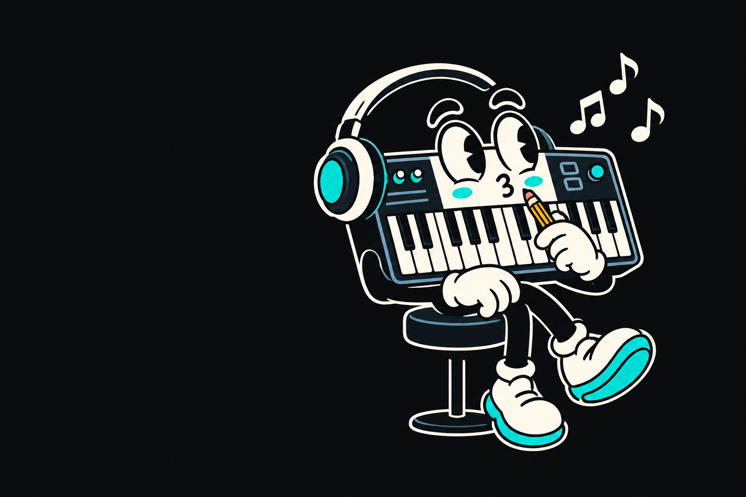 The Chordy keyboard mascot listens through headphones with a pencil in hand