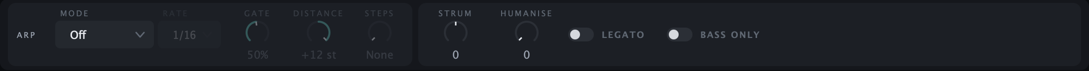 Playback controls for arpeggiator, strum, humanise, legato and Bass only