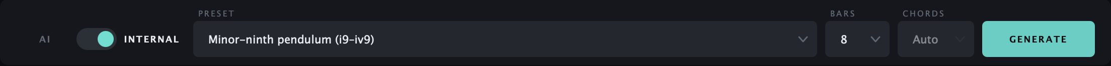 Internal mode with the named progression picker, bars and chord count