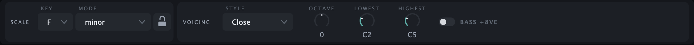 Scale and voicing controls for key, mode, style, octave and note range